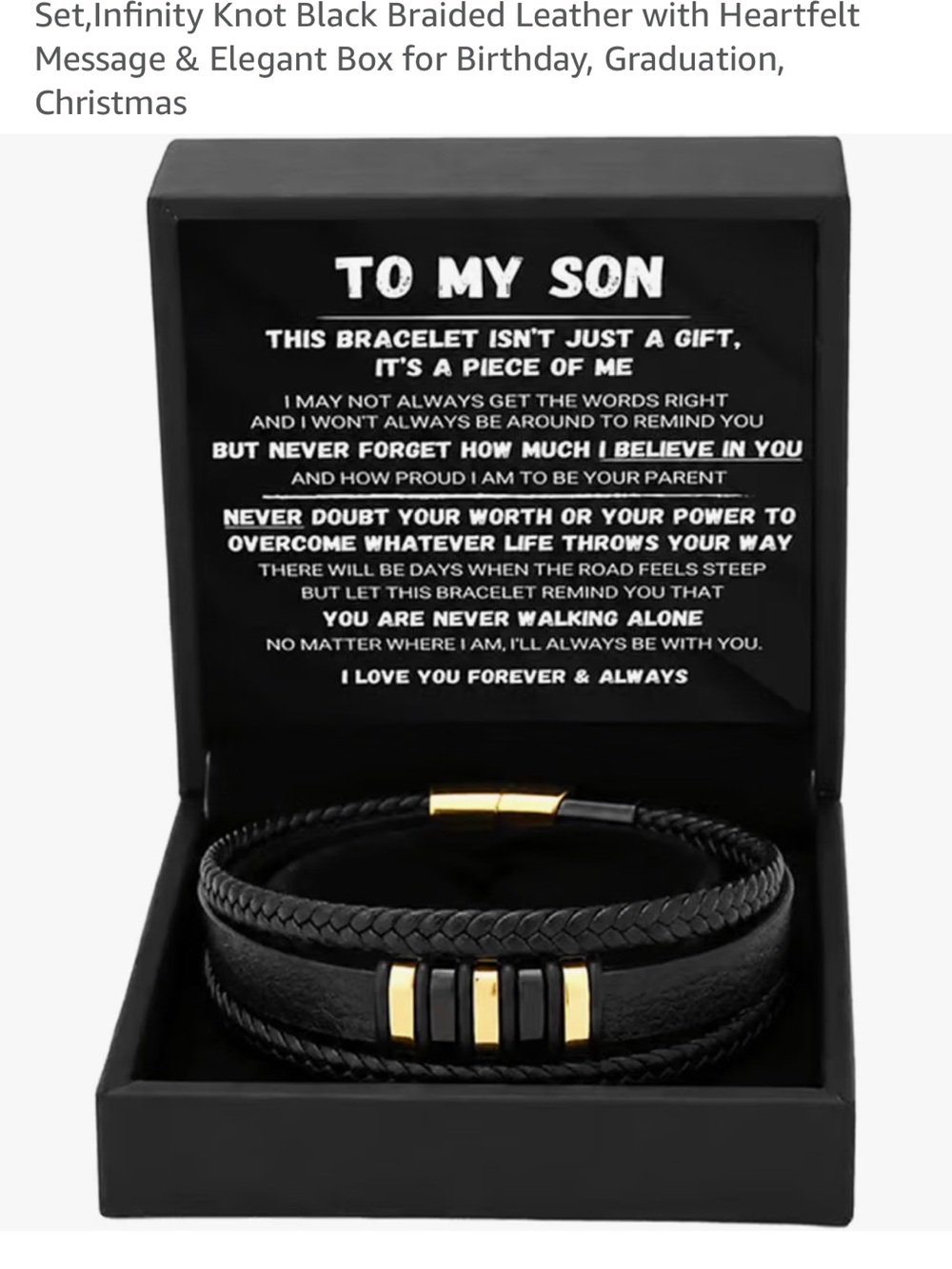 Mens Black Braided Leather Bracelet Set with Gold Accents - To My Son Gift